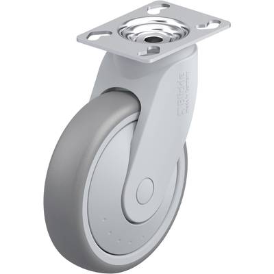 Szara rolka kierunkowa z metalową płytką mocującą, odpowiednia do mebli lub wózków. Gładki, nowoczesny design.