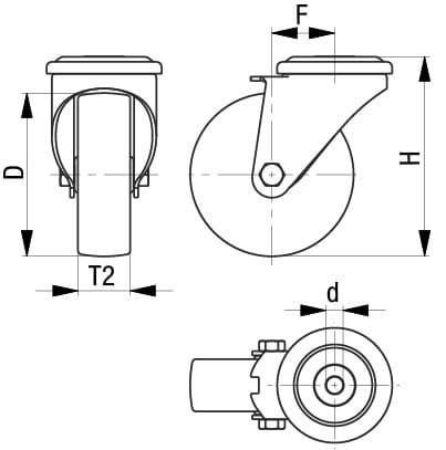 Rysunek techniczny koła z wymiarami: średnica (D), całkowita wysokość (H), szerokość koła (T2), odsunięcie (F), średnica osi (d).