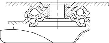Przekrój poprzeczny łożyska kulkowego: Przedstawia kulki umieszczone między pierścieniem wewnętrznym a zewnętrznym, ilustruje strukturę i funkcjonowanie łożyska.