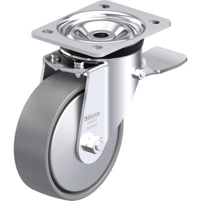Metalowa rolka obrotowa z kołem gumowym, z płytą mocującą od góry, przeznaczona do zastosowań przemysłowych. Oznaczona napisem 'Blickle, made in Germany'.