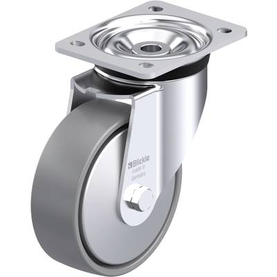 Metalowa rolka z szarym kółkiem i płytką mocującą, przeznaczona do zamocowania na meblach lub urządzeniach, oznaczona napisem 'Blickle made in Germany'.