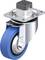 Przemysłowe koło kierowane z niebieską gumową powierzchnią toczną, srebrną obudową i obrotową płytką mocującą. Odpowiednie do gładkich podłóg.