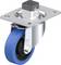 Stalowa rolka kierunkowa z niebieskim kołem gumowym i szarą płytką mocującą, idealna do mebli i urządzeń transportowych.