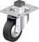 Rolka obrotowa z metalową podstawą i czarnym kołem gumowym, odpowiednia do mebli lub zastosowań przemysłowych, zapewniająca mobilność i stabilność.