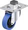 Niebieska rolka kierunkowa z szarym mocowaniem i systemem hamowania, przeznaczona do zastosowań przemysłowych, wykonana z metalu i tworzywa sztucznego.