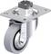 Rolka przemysłowa z szarym kołem i srebrnym uchwytem. Posiada obrotową płytę mocującą oraz łożyska kulkowe umożliwiające łatwe skręcanie.