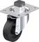 Obrotowe kółko z czarnym kołem i metalową obudową, nadające się do zamocowania na meblach lub wózkach transportowych.