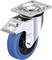 Metalowa rolka z niebieskim kołem i obrotową obudową. Stosowana w zastosowaniach przemysłowych do lekkiego przemieszczania urządzeń.