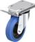 Metalowe koło obrotowe z niebieską gumową powierzchnią jezdną i płytką mocującą. Widoczne logo marki oraz napis 'Made in Germany'.