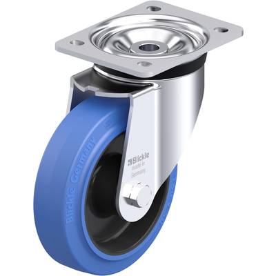Obrotowe koło jezdne z niebieskim kołem gumowym i metalową obejmą; z napisem 'Blickle made in Germany'. Idealne do zastosowań wymagających dużej wytrzymałości.