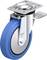 Rolka skrętna 'Blickle' ze stali z niebieską gumową powierzchnią jezdną, mechanizmem obrotowym i płytką mocującą.
