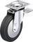 Rolka obrotowa z czarnym kołem i metalowym uchwytem, odpowiednia do mebli lub urządzeń. Powierzchnia w srebrnym połysku z płytką mocującą.