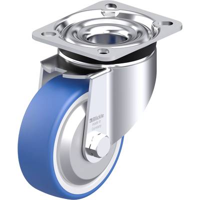 Rolka przemysłowa metalowa z niebieskim gumowym bieżnikiem, odpowiednia do mebli lub zastosowań przemysłowych. Oznaczenie wskazuje 'Blickle Made in Germany'.