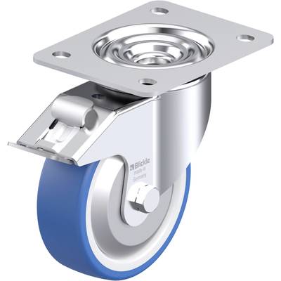 Obrotowy metalowy system kółek jezdnych do mebli z niebieskim pokryciem gumowym. Odpowiedni do łatwego przemieszczania ciężkich przedmiotów.