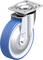 Metalowe kółko skrętne z niebieskim pokryciem gumowym i płytką montażową, przeznaczone do zastosowań przemysłowych.
