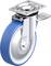 Rolka obrotowa z niebieską gumową powierzchnią toczną i srebrną obudową, typowo stosowana w wózkach transportowych lub meblach.
