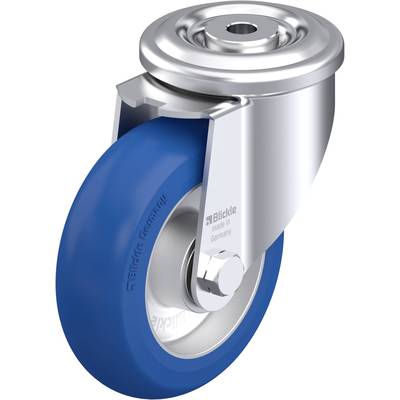 Metalowe kółko z niebieską gumową nawierzchnią i osią obrotową. Napis 'Blickle - made in Germany'.