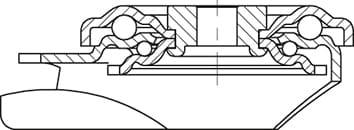 Rysunek techniczny łożyska z kulkami, obudową i wałem w widoku przekrojowym, przedstawiający szczegółową budowę łożyska.