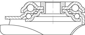 Przekrój poprzeczny technicznej konstrukcji łożyska z łożyskami kulkowymi. Przedstawia rozmieszczenie i strukturę elementów w centrum.