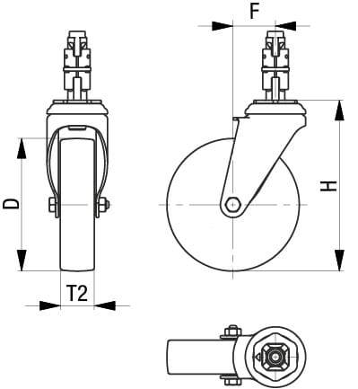 Rysunek techniczny obrotowego koła z wymiarami średnicy (D), wysokości (H), szerokości (T2) oraz wysięgu (F). Idealny do specyfikacji technicznych.