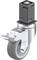 Metalowa rolka obrotowa z szarym kołem i hamulcem firmy Blickle, odpowiednia do wózków transportowych lub mebli; solidna i przemysłowa.