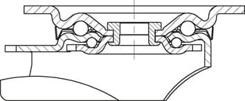 Techniczny diagram przedstawia przekrój poprzeczny łożyska kulkowego z widocznymi elementami wewnętrznymi i obudową, ilustrujący jego zasadę działania.
