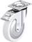 Rolka obrotowa z prostokątną metalową płytką, srebrnym mocowaniem i białym kołem. Odpowiednia do mebli lub urządzeń wymagających mobilności.