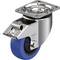Rolka obrotowa z metalową obudową i niebieskim kółkiem gumowym. Tłumione łożysko kulkowe, odpowiednie do mebli lub wózków, z płytką mocującą od góry.