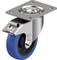Rolka obrotowa z metalowym mocowaniem i niebieskim kołem gumowym, odpowiednia do mebli lub urządzeń wymagających łatwego przemieszczania.