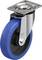 Metalowa rolka transportowa z niebieskim kółkiem gumowym i płytą mocującą, przeznaczona do zastosowań przemysłowych.
