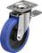 Przemysłowe koło skrętne z niebieskim kołem poliuretanowym i srebrną obudową. Odpowiednie do ciężkich ładunków, wyposażone w hamulec nożny z boku.