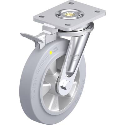 Przemysłowe kółko jezdne wykonane z metalu i tworzywa sztucznego z płytką mocującą. Kółko jest szare, z metalową obejmą i mechanizmem blokady. W lewym górnym rogu umieszczono małą żółtą etykietę z napisem 'Blickle'.