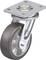 Obrotowe kółko podporowe z metalu z szarą gumową oponą, zamontowane na srebrnej płytce, prawdopodobnie do mebli lub zastosowań przemysłowych.