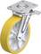 Przemysłowa rolka obrotowa z żółtą gumą, metalową płytą i hamulcem, do ciężkich obciążeń. Odpowiednia do wózków transportowych lub maszyn.
