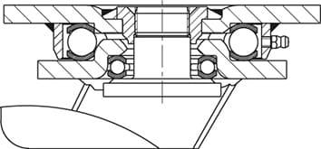 Rysunek techniczny łożyska kulkowego z widokiem przekroju. Przedstawia komponenty łożyska oraz jego układ w systemie mechanicznym.
