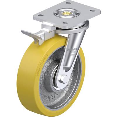 Przemysłowa rolka skrętna z żółtym kołem i srebrną obudową metalową. Górna część wyposażona jest w płytę mocującą oraz mechanizm blokujący.