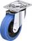 Stalowa rolka kierunkowa z niebieskimi kółkami gumowymi, odpowiednia do mebli lub urządzeń. Mechanizm obrotowy zamocowany u góry dla łatwej manewrowości.