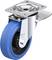 Solidne kółko skrętne z niebieską gumą, srebrnym mocowaniem i hamulcem. Odpowiednie do mebli lub zastosowań przemysłowych.
