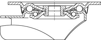 Przekrój poprzeczny zespołu mechanicznego, składającego się z łożysk kulkowych i uszczelnień, ukazuje wewnętrzne rozmieszczenie i funkcje.