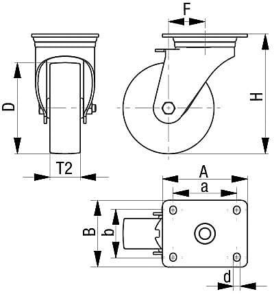 Rysunek techniczny rolki kierującej z wymiarami: Płyta (A, a, b, d), Rolka (D, H, F), Mocowanie (T2). Przedstawia widok z boku i z przodu.