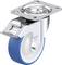 Niebiesko-białe przemysłowe kółko jezdne z metalową płytką i hamulcem. Idealne do zamocowania na urządzeniach lub meblach, zapewniające mobilność i stabilność.
