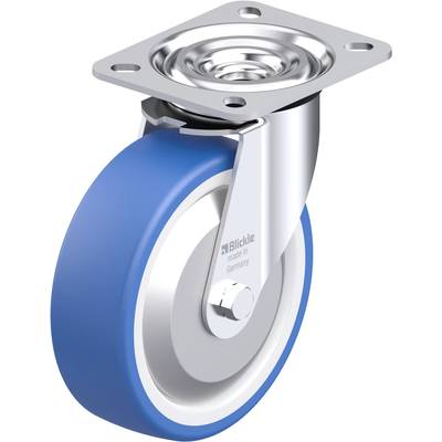 Metalowa rolka z niebieskim pokryciem gumowym i płytą montażową. Na rolce widnieje napis 'Blickle, made in Germany'. Odpowiednia do mebli lub urządzeń.