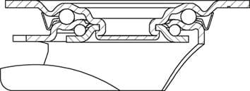 Przekrój uszczelnienia mechanicznego z wielowarstwową strukturą i łożyskami kulkowymi; przedstawia wewnętrzną budowę i rozmieszczenie poszczególnych komponentów.