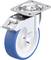 Metalowe kółko samonastawne z niebieską gumową powierzchnią toczną, odpowiednie do mebli lub wózków. Na górze płytka montażowa do mocowania.