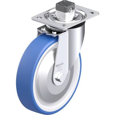 Rolka obrotowa z niebieskim kołem, obudową w kolorze srebrnym i płytą montażową, z napisem 'Blickle Made in Germany' z boku.