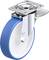 Niebiesko-biała rolka skrętna z metalowym mocowaniem i hamulcem, stosowana w wózkach transportowych lub zastosowaniach przemysłowych, montowana do podłoża.