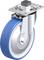 Okrólna, obrotowa rolka transportowa z niebieskim gumowym pokryciem i srebrną metalową obudową, odpowiednia do mebli lub maszyn.