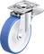 Obrotowe koło z niebieską gumową bieżnią i metalową obudową, przeznaczone do zastosowań przemysłowych. Wyprodukowane w Niemczech.
