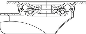 Diagram przekrojowy mechanicznego systemu łożyskowego z łożyskami kulkowymi, uszczelnieniem i obudową, prezentujący wewnętrzną strukturę i komponenty łożyska.