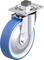 Przemysłowe koło skrętne z niebieskim kołem poliuretanowym, srebrną obudową i płytką mocującą. Odpowiednie do ciężkich ładunków i płynnego przemieszczania.